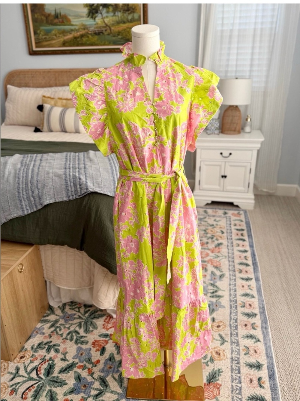 Entro - Lime Green and Pink Floral Eyelets Maxi Dress with Tie Waist